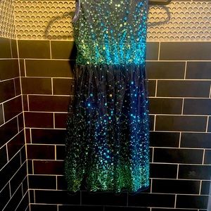 Child’s size 12 formal dress, navy with tool overlay and green sequins